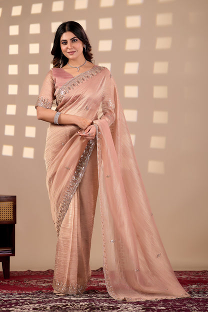 Peach Champagne Soft Tissue Silk Saree with Heavy Handcrafted Beadwork