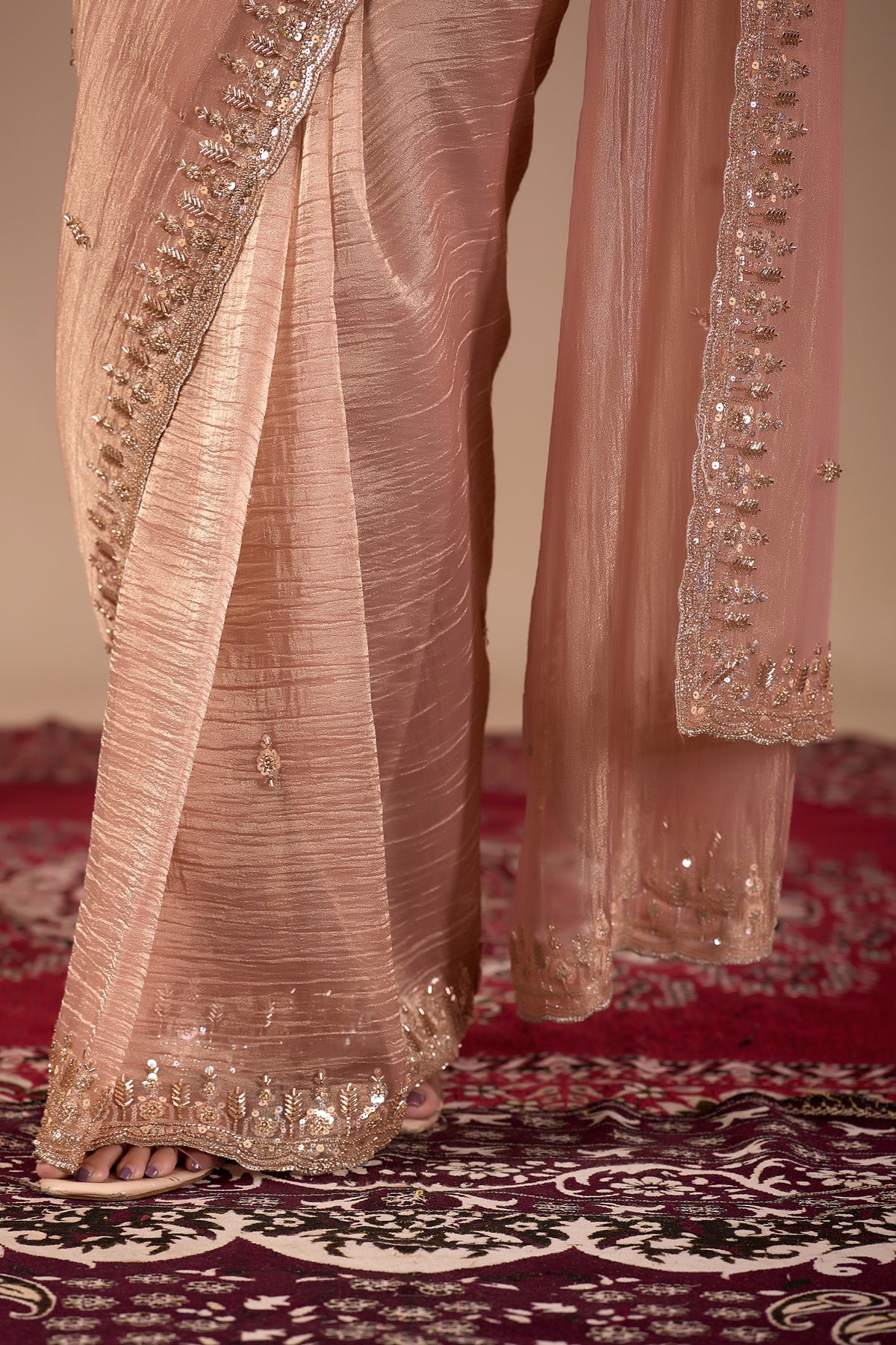 Peach Champagne Soft Tissue Silk Saree with Heavy Handcrafted Beadwork