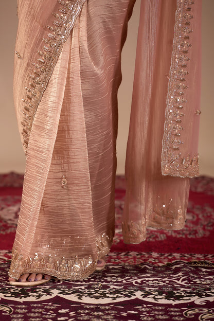 Peach Champagne Soft Tissue Silk Saree with Heavy Handcrafted Beadwork