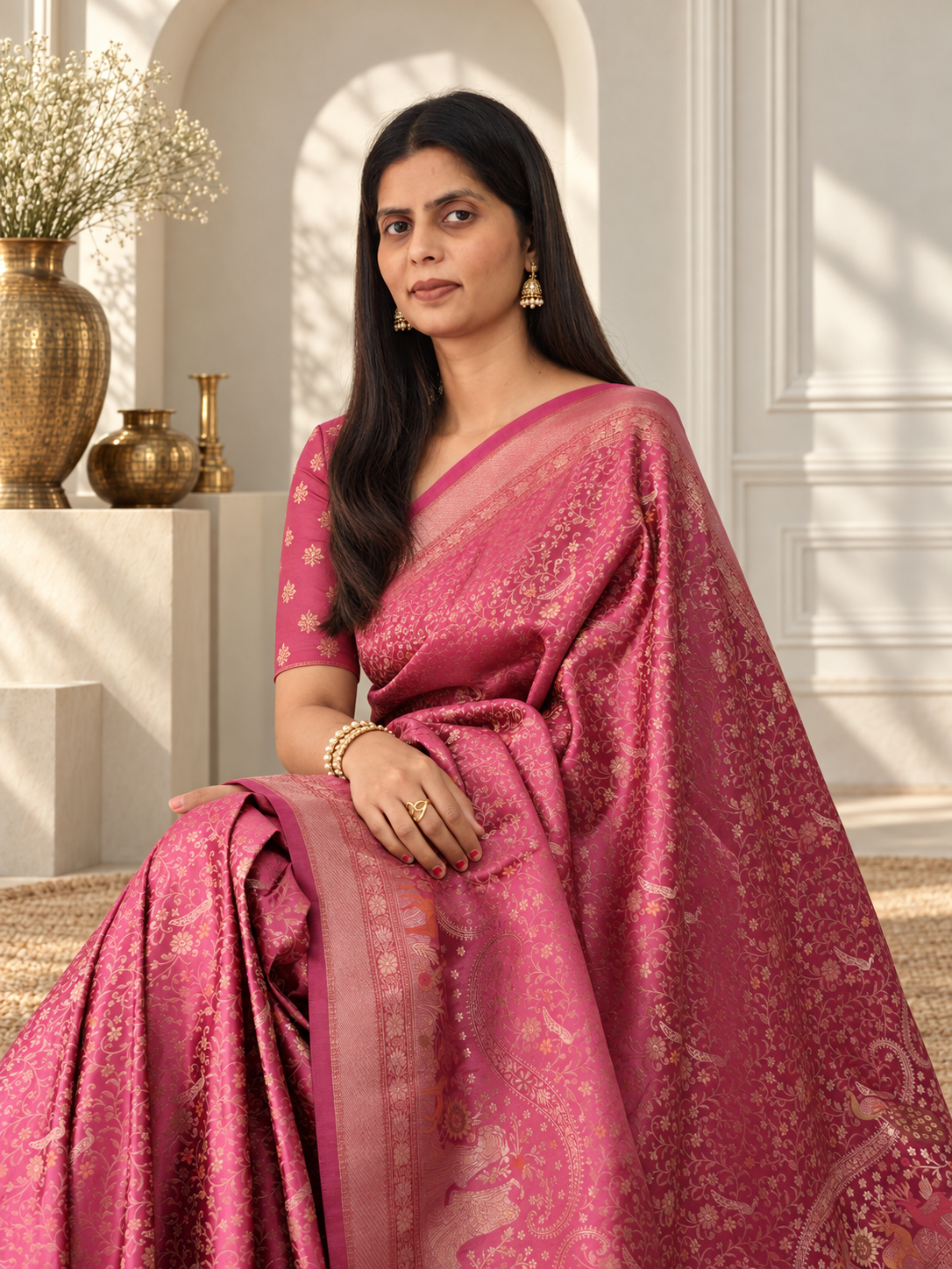 Rose Pink Pure Mashru Silk Handwoven Banarasi Saree with Rich Zari Border