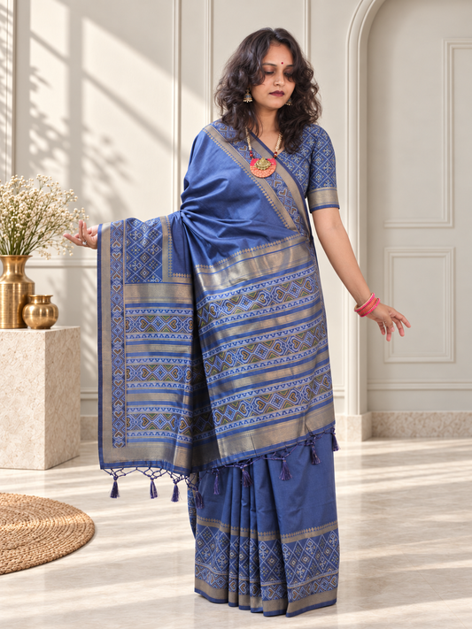 Slate Blue Silk Gala Patola Broad Border Saree