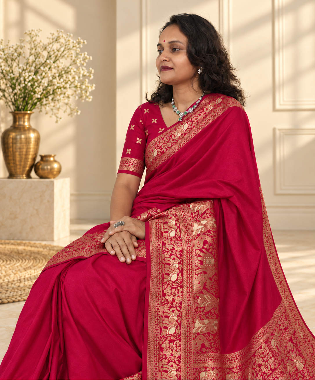 crimson red woven banarasi silk saree with gold zari elephant & floral border