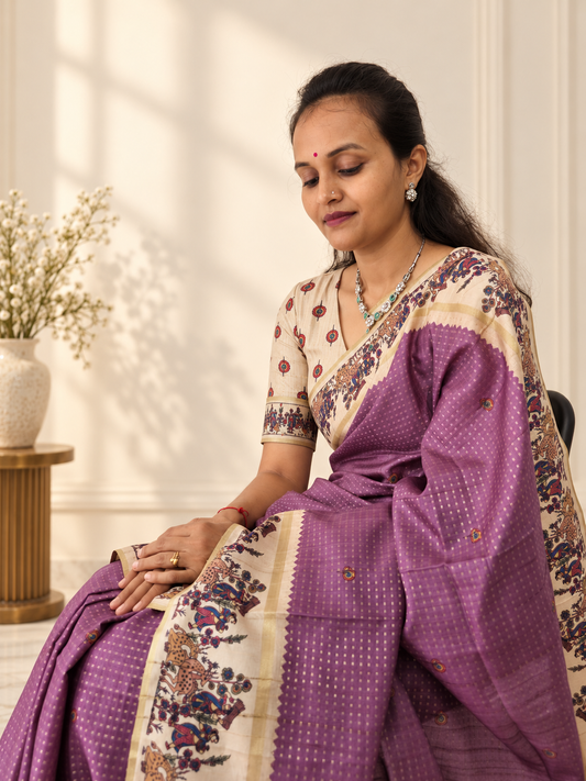 Heritage Folk Art Tussar Silk Saree – Mauve Purple