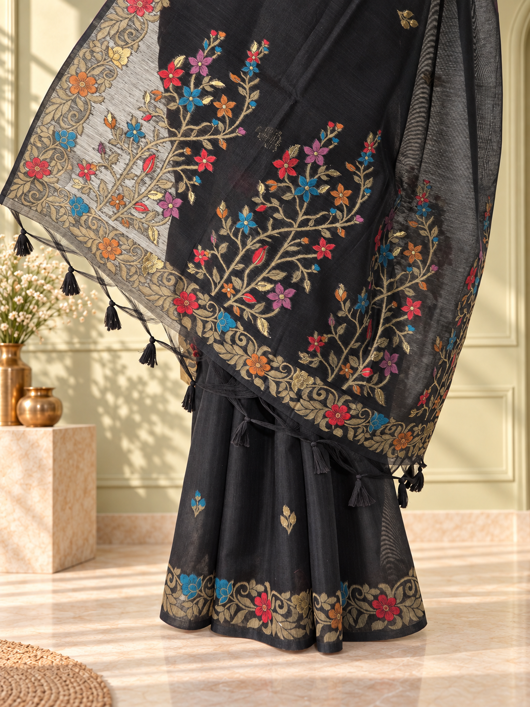 black cotton handwoven jamdani saree with multicolour floral design