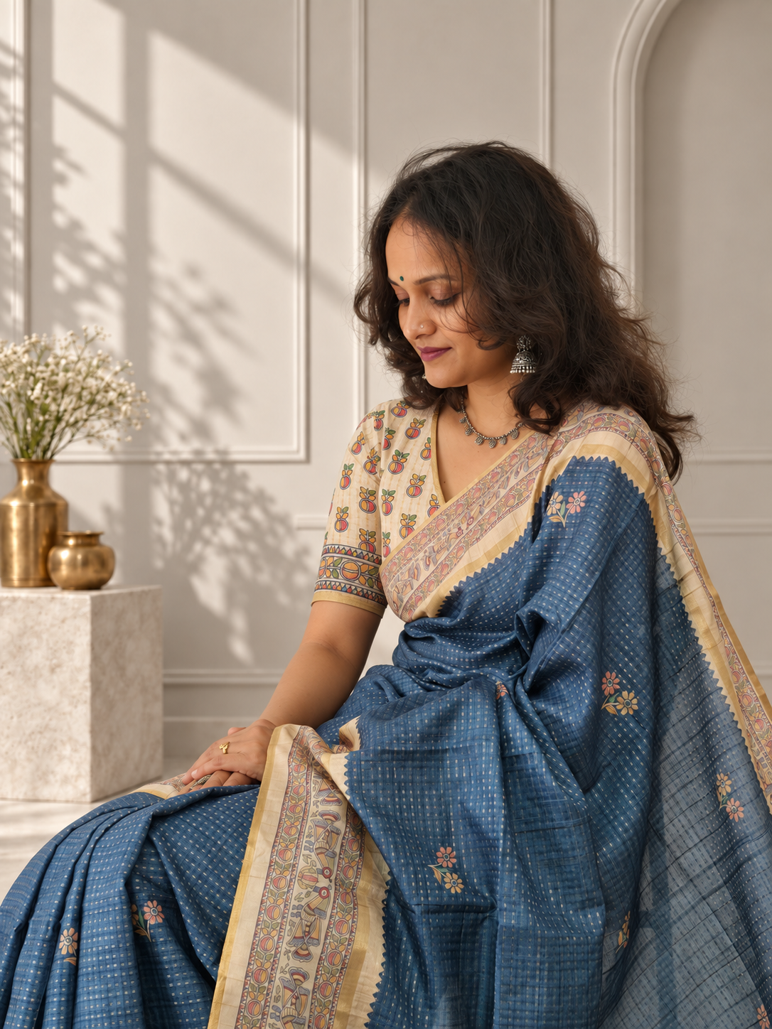 madhubani folk art dusty slate blue tussar silk saree