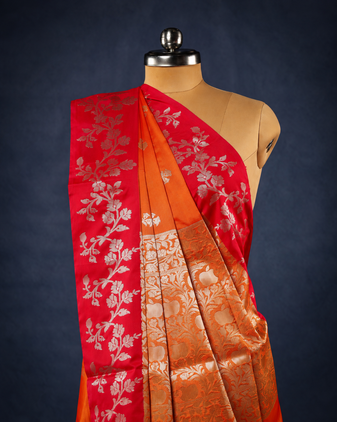 Red Orange Open Border Meenakari Floral Butta Saree
