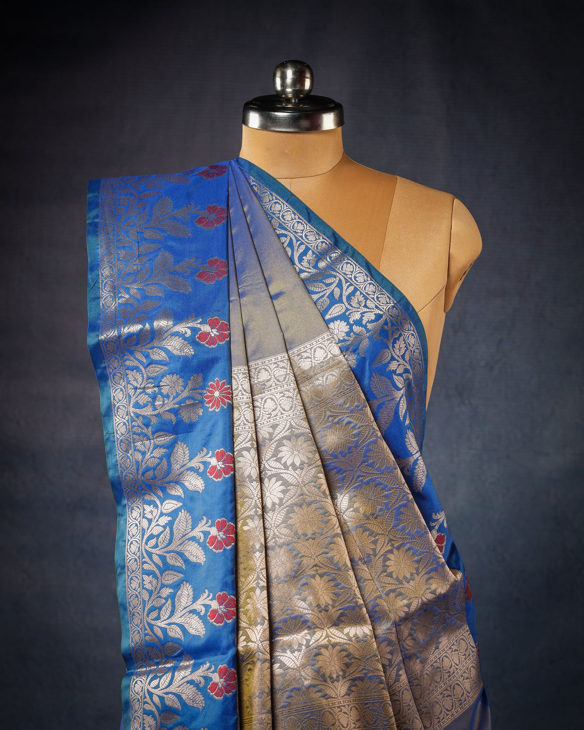 royal blue a silk fancy open border butty self saree
