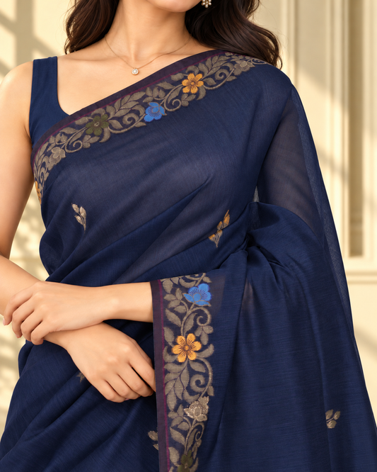 Navy Blue Cotton Handwoven Jamdani Saree with Multicolour Floral Design