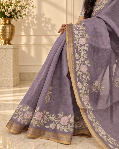 Dusty Lavender Linen Saree with Handcrafted Aari Floral Embroidery