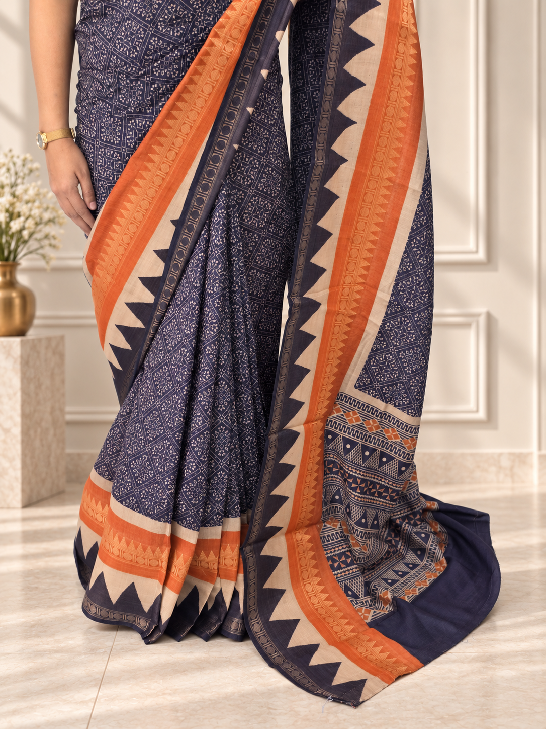 navy blue soft cotton saree with zari border