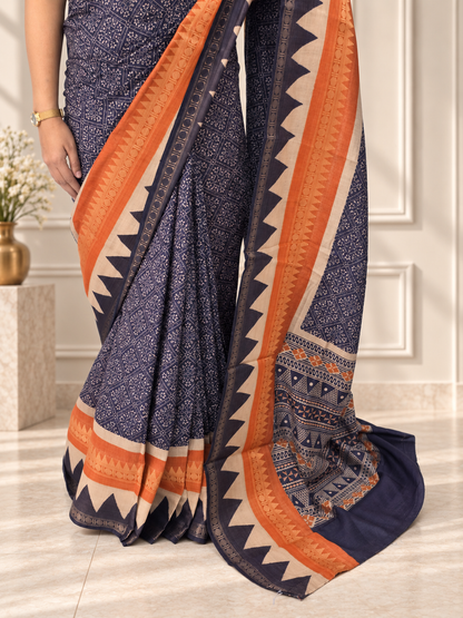 Navy Blue Soft Cotton Saree with Zari Border