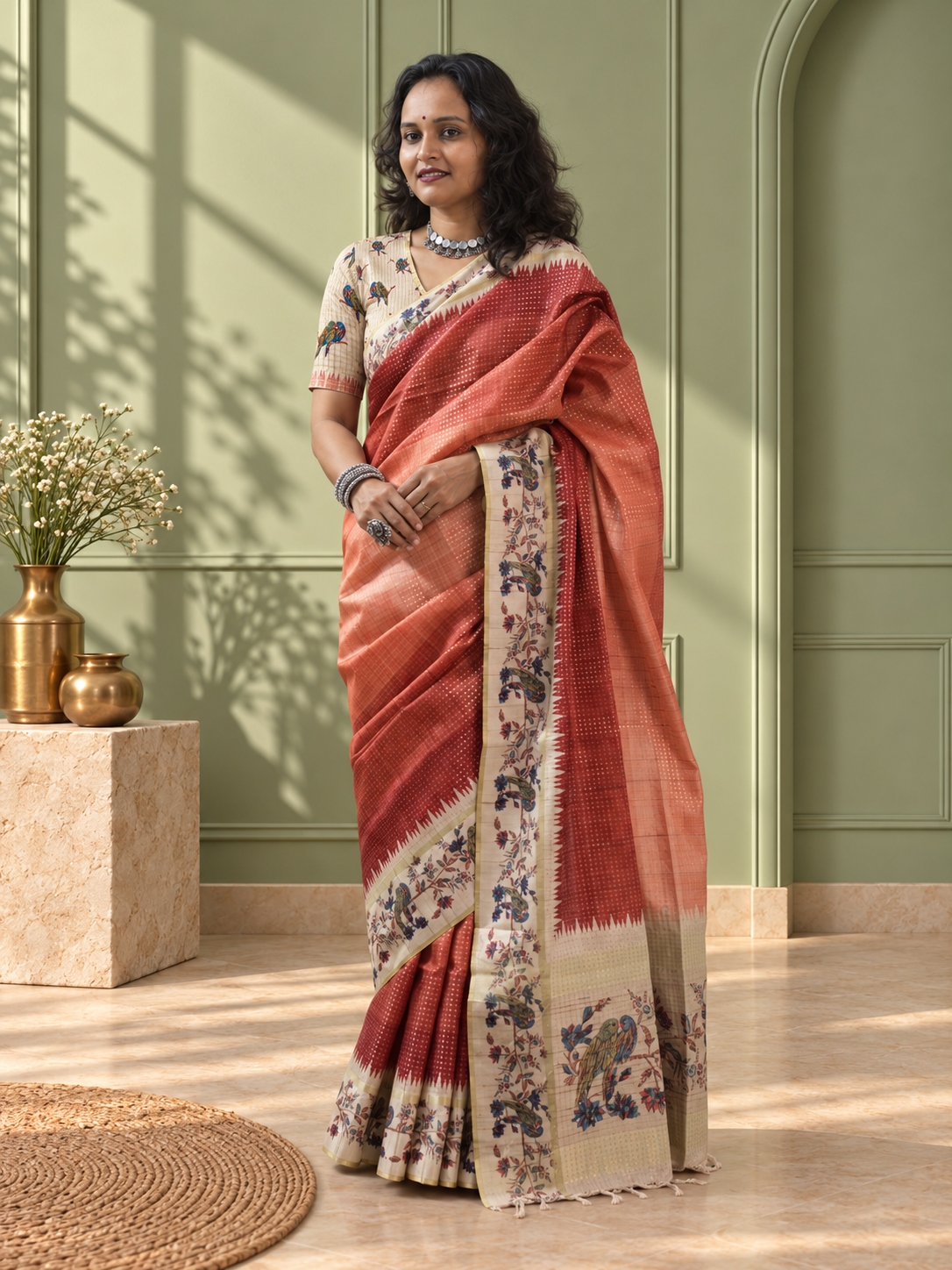Terracotta Tussar Silk Katha Print Saree with Parrot Pallu