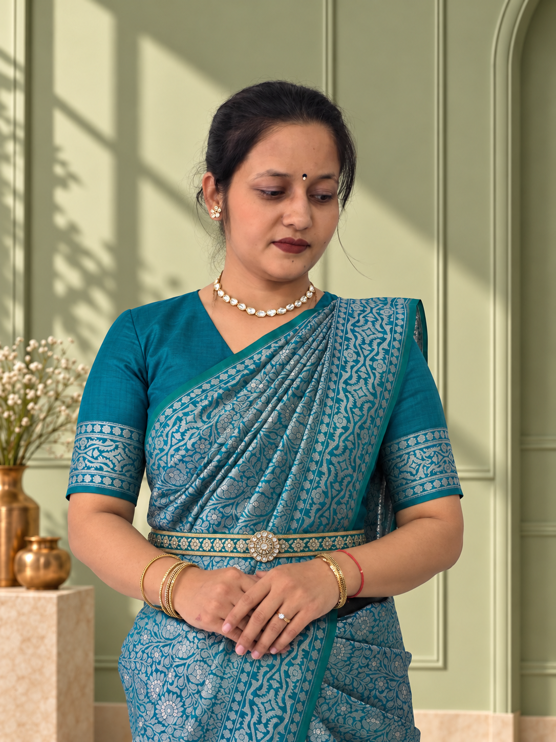 Peacock Blue Crepe Jaal Silk Saree with Matching Floral Border