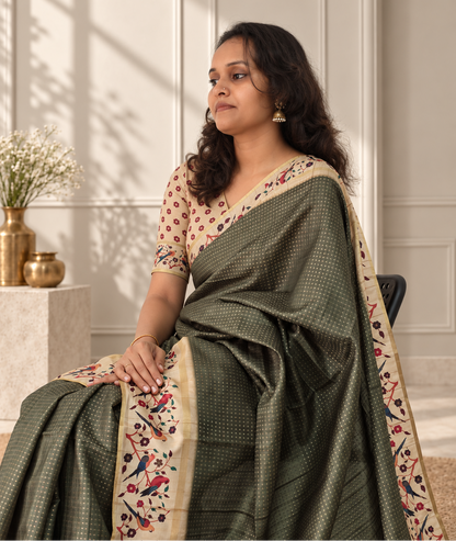 Bird & Floral Print Deep Olive Green Tussar Silk Saree