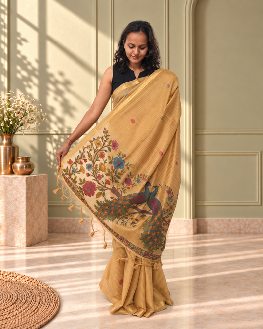 Mustard Gold Cotton Peacock Kalamkari Woven Saree with Gold Stripes