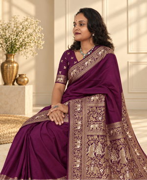 Wine Woven Banarasi Silk Saree with Gold Zari Elephant & Floral Border