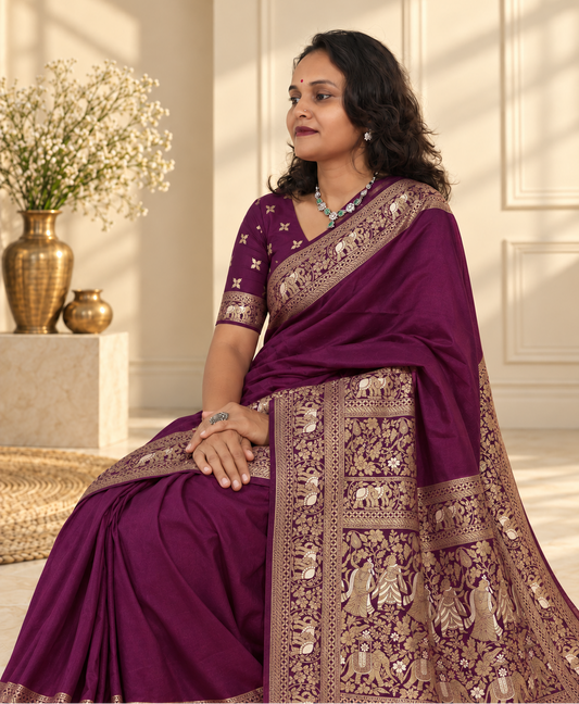Wine Woven Banarasi Silk Saree with Gold Zari Elephant & Floral Border