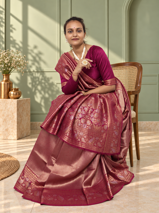 Rosewood Wine Uppada Pure Silk Saree with Floral Nakshatra Border