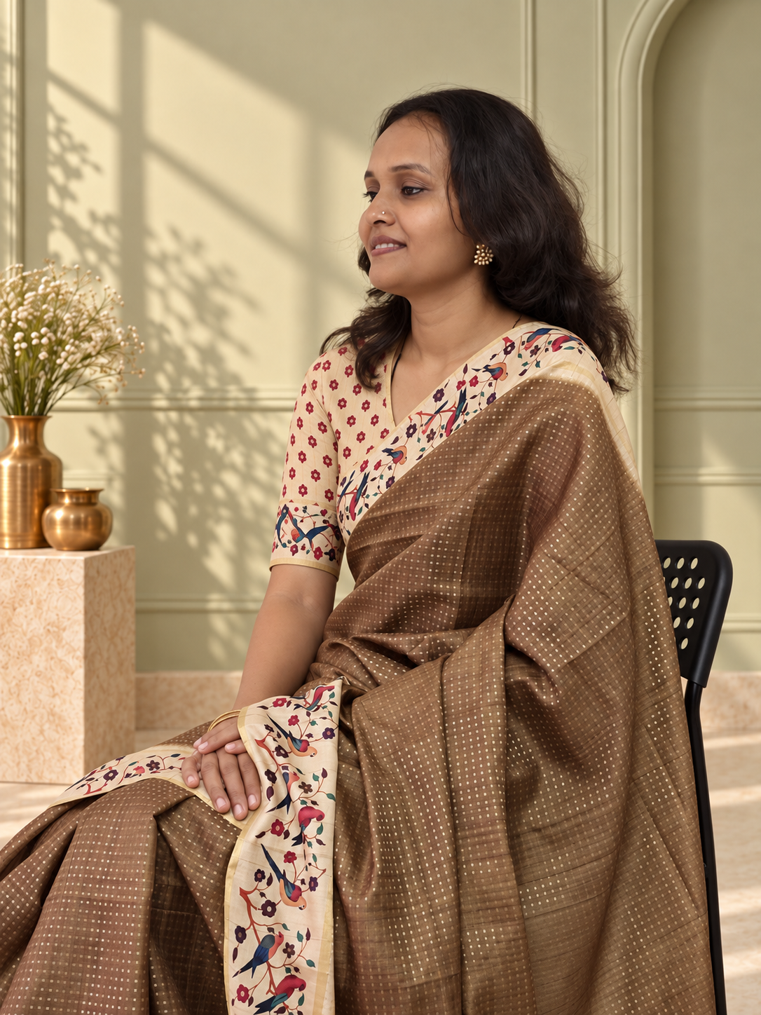 bird & floral print taupe brown tussar silk saree