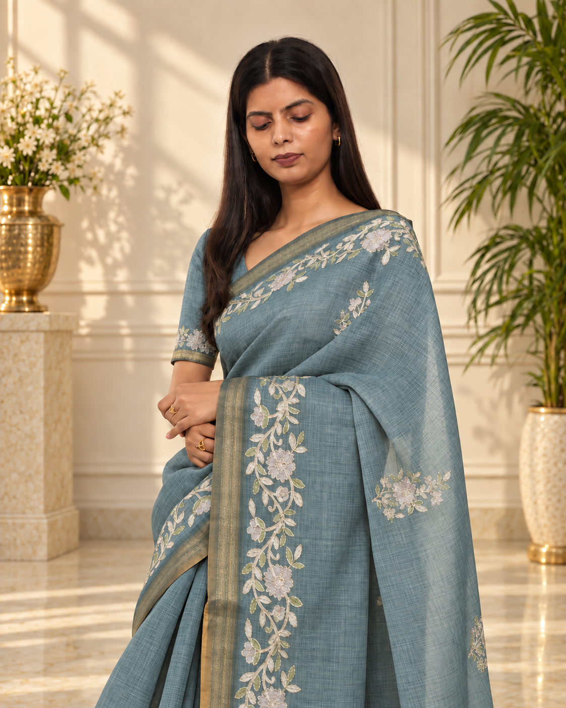 dusty teal blue linen saree with handcrafted aari floral embroidery