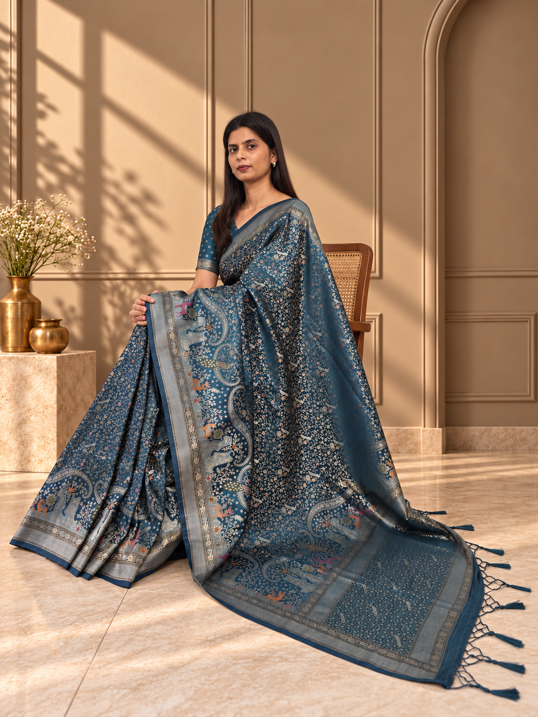 Teal Blue Pure Mashru Silk Handwoven Banarasi Saree with Rich Zari Border