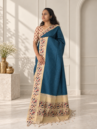 Bird & Floral Print Deep Teal Blue Tussar Silk Saree