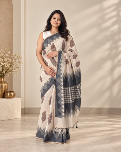 Ivory Pure Chanderi Cotton Handloom Saree with Dhakai Block Print