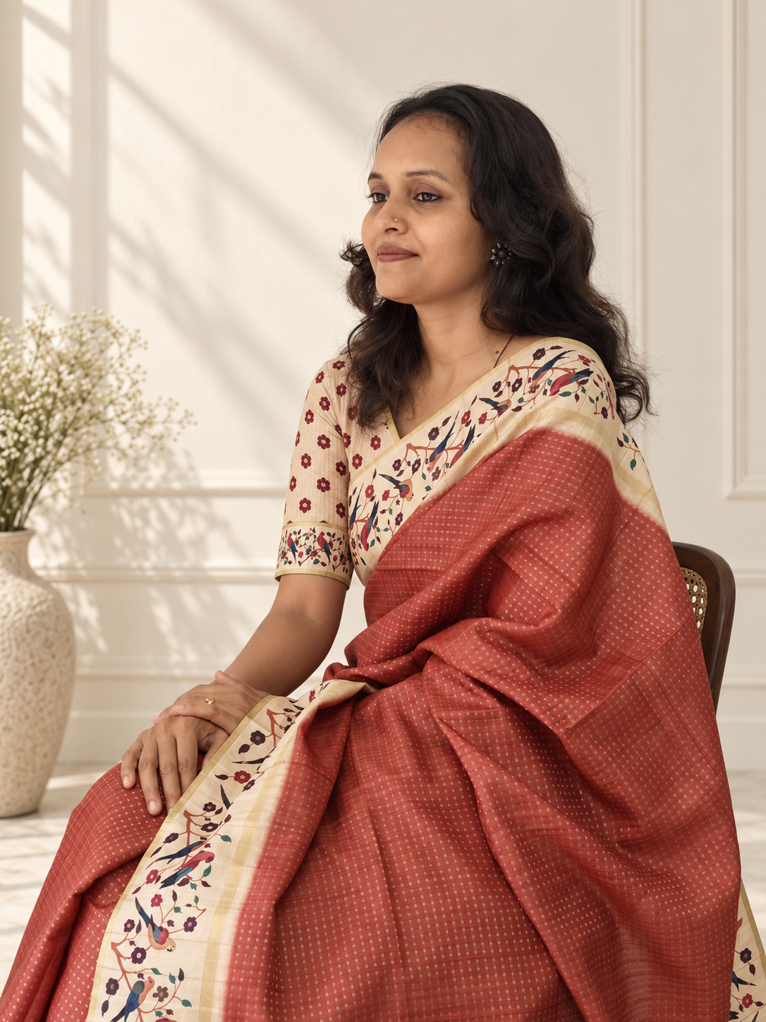 bird & floral print muted terracotta tussar silk saree