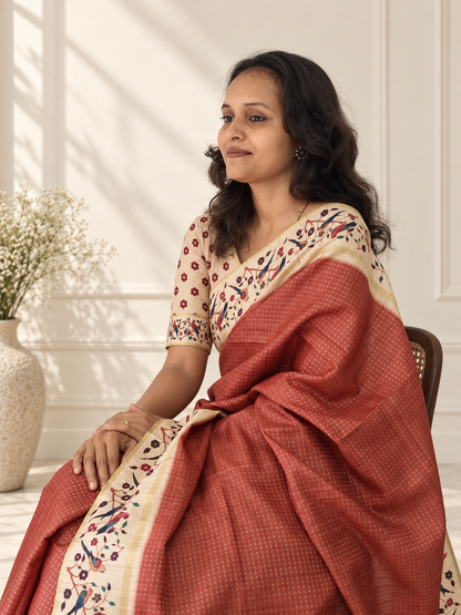 Bird & Floral Print Muted Terracotta Tussar Silk Saree