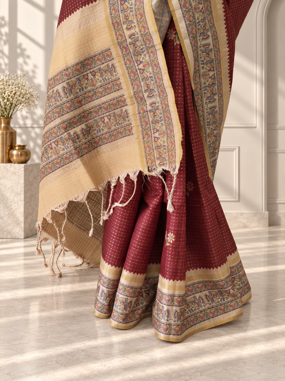 madhubani folk art muted terracotta tussar silk saree