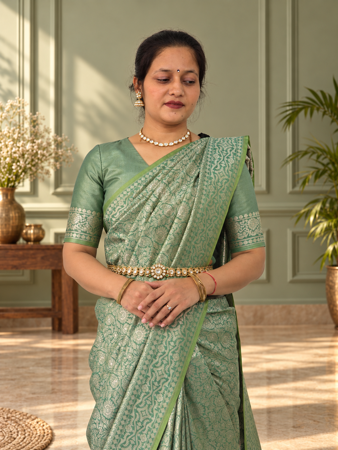 sage green crepe jaal silk saree with matching floral border