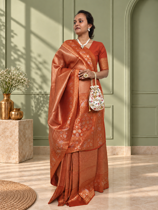 Rust Orange Uppada Pure Silk Saree with Floral Nakshatra Border