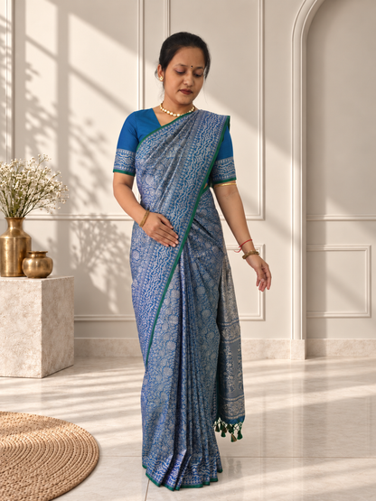 Blue Crepe Jaal Silk Saree with Matching Floral Border
