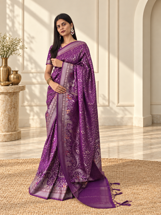 Royal Purple Pure Mashru Silk Handwoven Banarasi Saree with Rich Zari Border