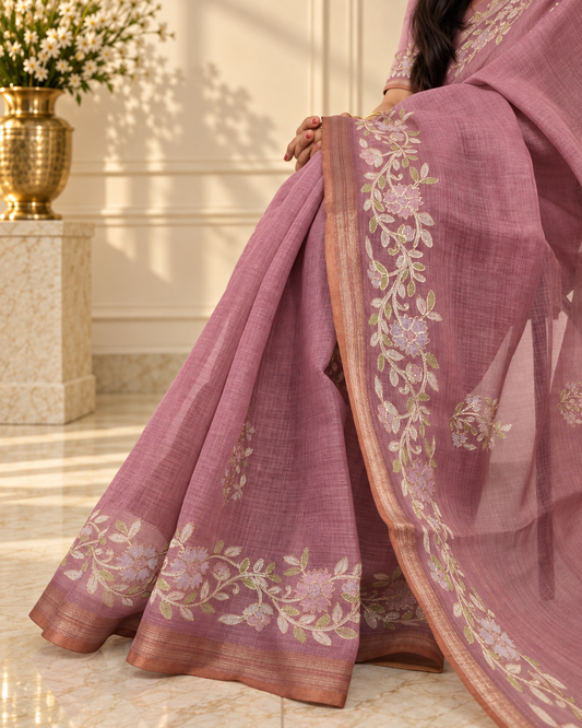 Dusty Mauve Linen Saree with Handcrafted Aari Floral Embroidery