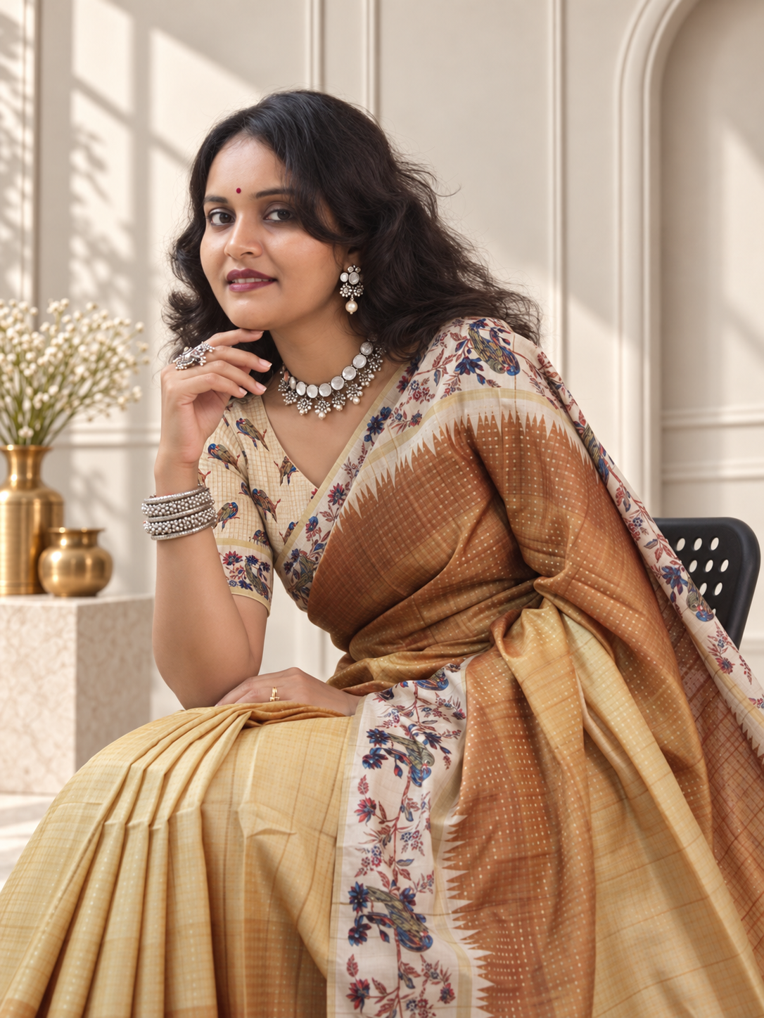 copper brown tussar silk katha print saree with parrot pallu