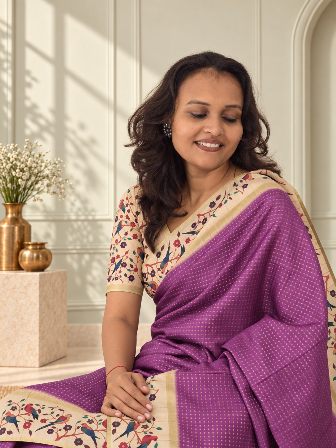 bird & floral print muted plum purple tussar silk saree