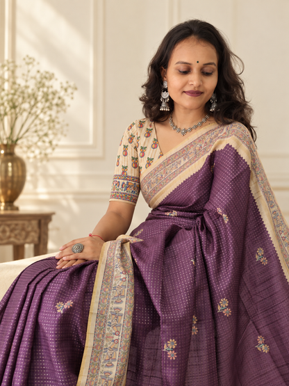 Madhubani Folk Art Mauve Purple Tussar Silk Saree