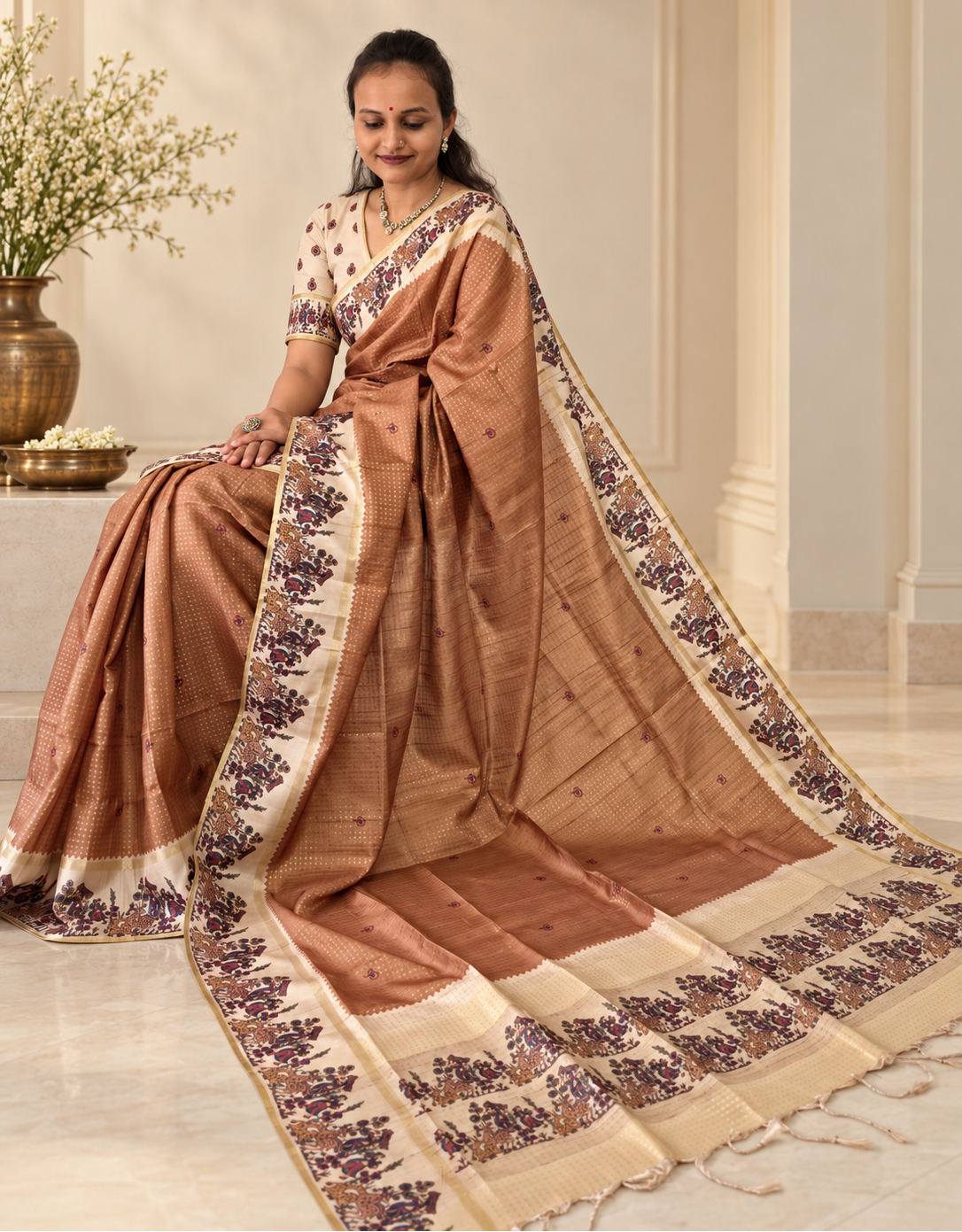 heritage folk art tussar silk saree – camel beige