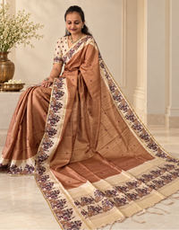 Heritage Folk Art Tussar Silk Saree – Camel Beige
