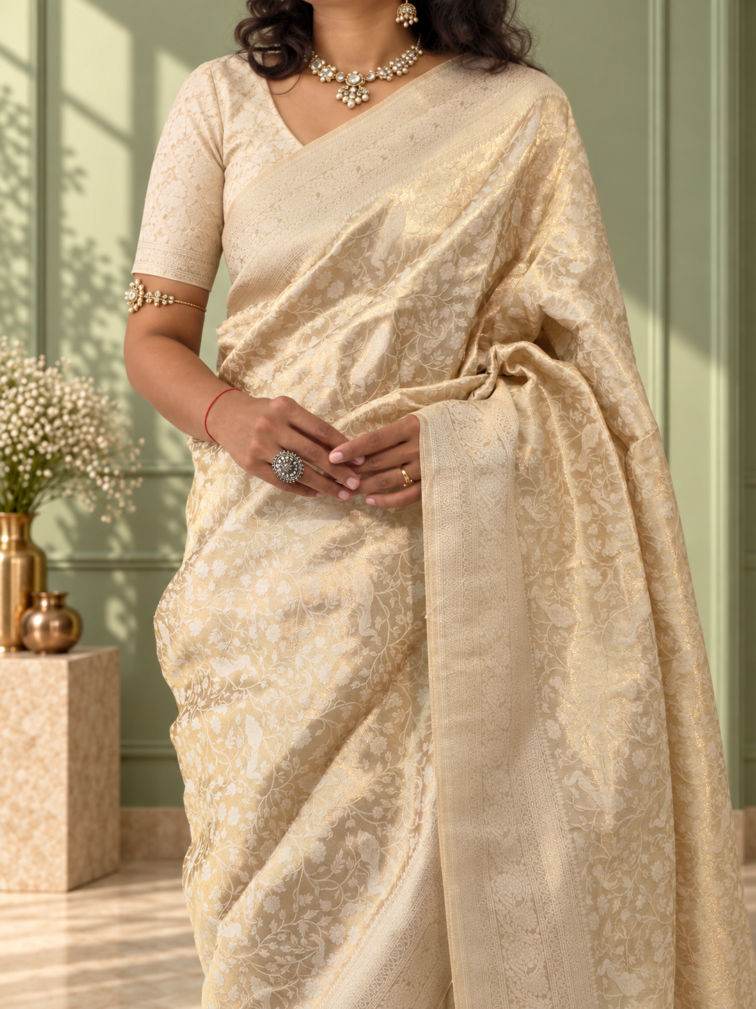 ivory banarasi silk saree with heavy floral weaving & rich woven border