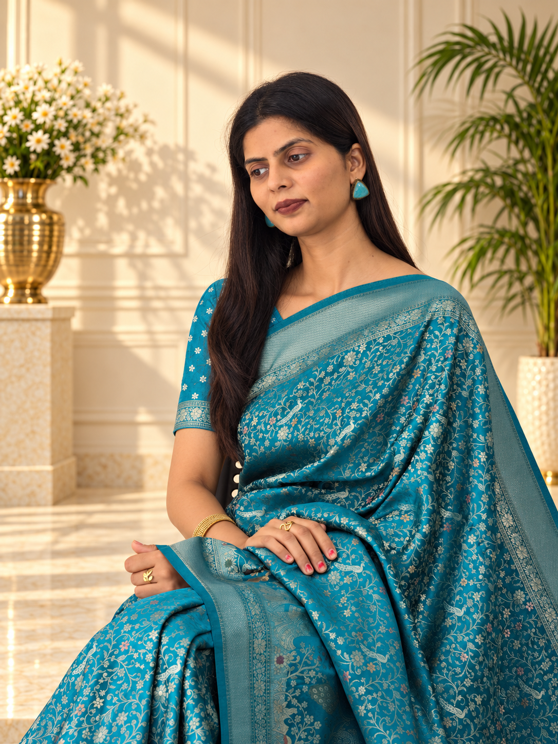 Aqua Blue Pure Mashru Silk Handwoven Banarasi Saree with Rich Zari Border