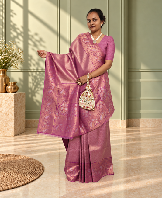 Dusty Mauve Uppada Pure Silk Saree with Floral Nakshatra Border