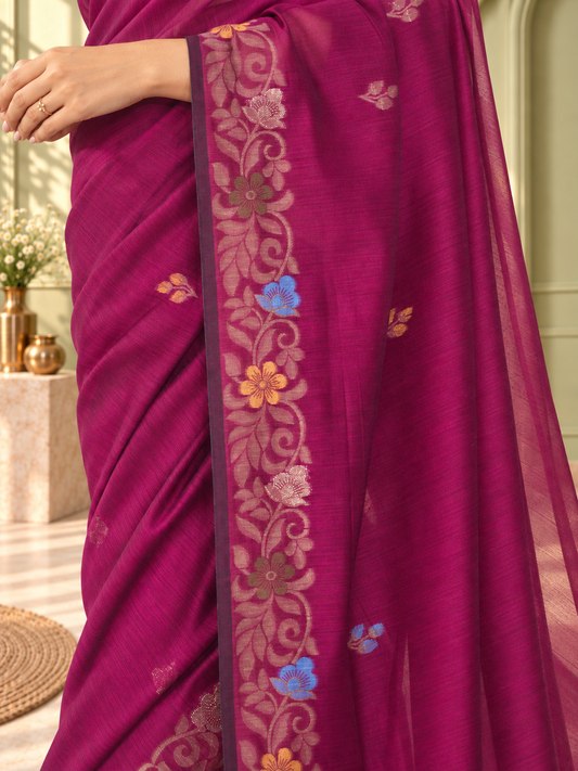 Purple Cotton Handwoven Jamdani Saree with Multicolour Floral Design
