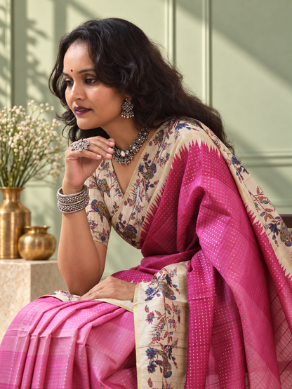 Pink Tussar Silk Katha Print Saree with Parrot Pallu