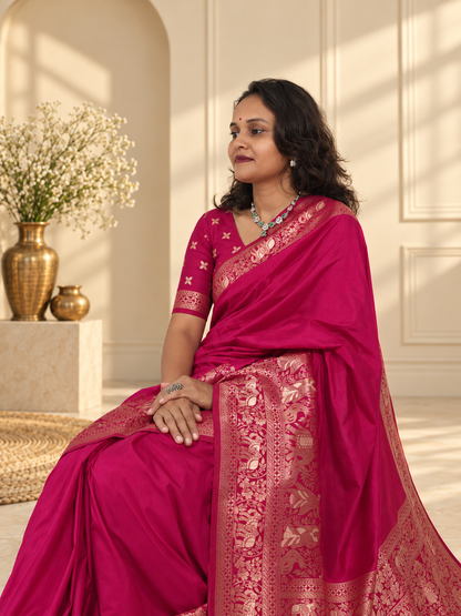 Rani Pink Woven Banarasi Silk Saree with Gold Zari Elephant & Floral Border
