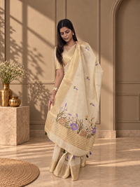 Ivory Linen Saree with Hand Embroidered Purple Florals