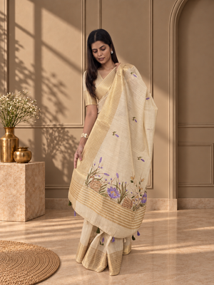 Ivory Linen Saree with Hand Embroidered Purple Florals