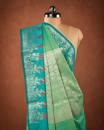 Green A Silk Fancy Open Border Butty Self Saree