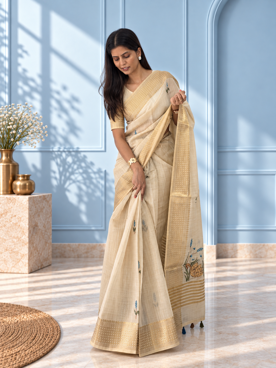 ivory linen saree with hand embroidered peacock blue florals